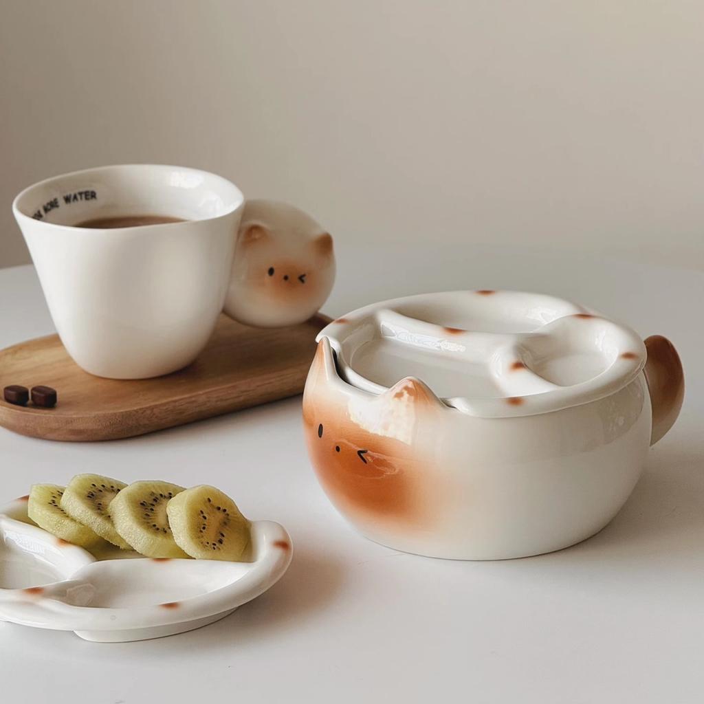 Cute Siamese Cat Noodle Bowl with Lid Ceramic Soup Salad Dip Dish for Home Dorm Breakfast