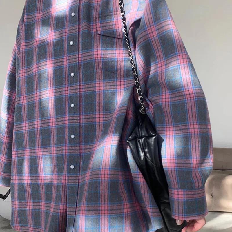 Kariertes Hemd Frühling Herbst Frauen Vintage Langarm Mode Lose Revers Tasche Hemd Fit Bluse Koreanischen Stil