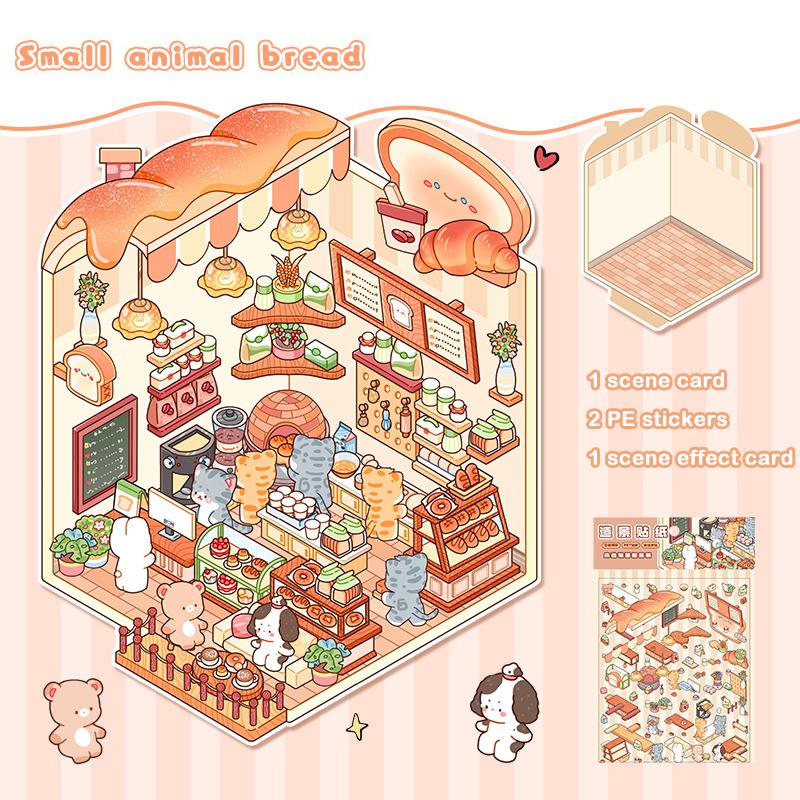 1Set Cute Three-Dimensional Handbook Stickers Miniature Scene Stickers Cartoon Pocket Cabin Scene Stacking Pasting Stickers