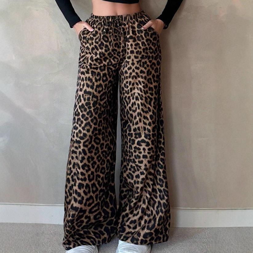 Women Leopard Print Wide Leg Pants Elastic Drawstring Waist Loose Casual Trousers Street Fashion Palazzo Pants Fall Daily Wear Pants