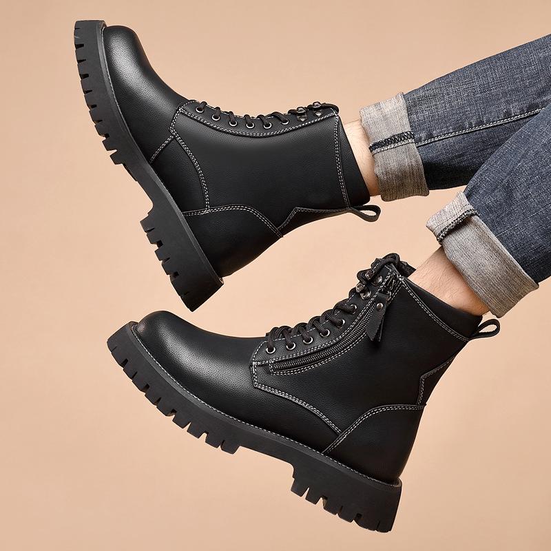 Winter Velvet Martin Boots Men's Thick-soled High-top American Retro Leather Boots Genuine Leather Tooling Zipper Warm Men's Shoes