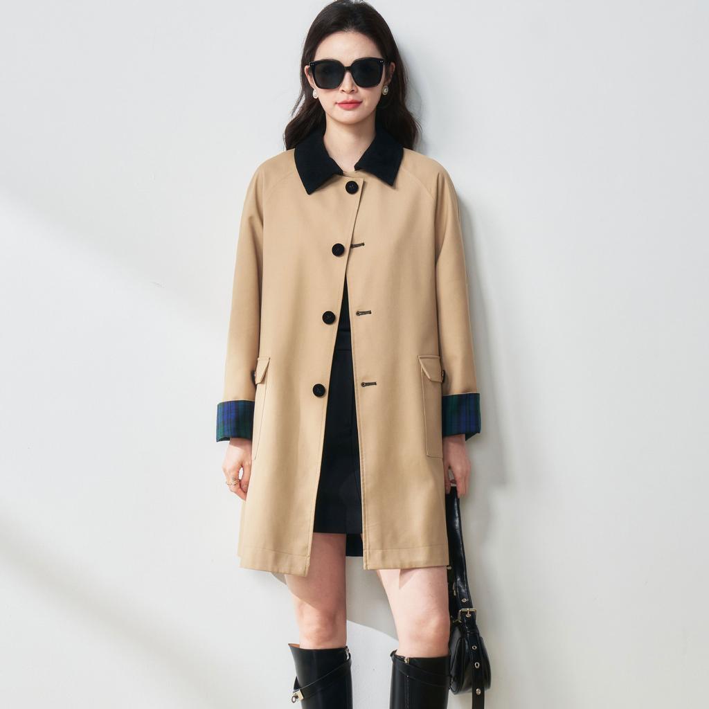 Autumn new retro contrasting color miu plaid double-sided khaki medium and long age-reducing trench coat jacket 072