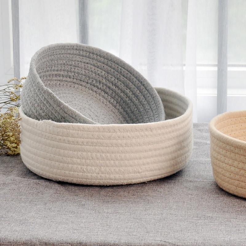 Hand-woven Storage Basket Knitting Cotton Round Storage Plate for Bedside Tabletop Snacks Sundries Key Cosmetics Organizer Box