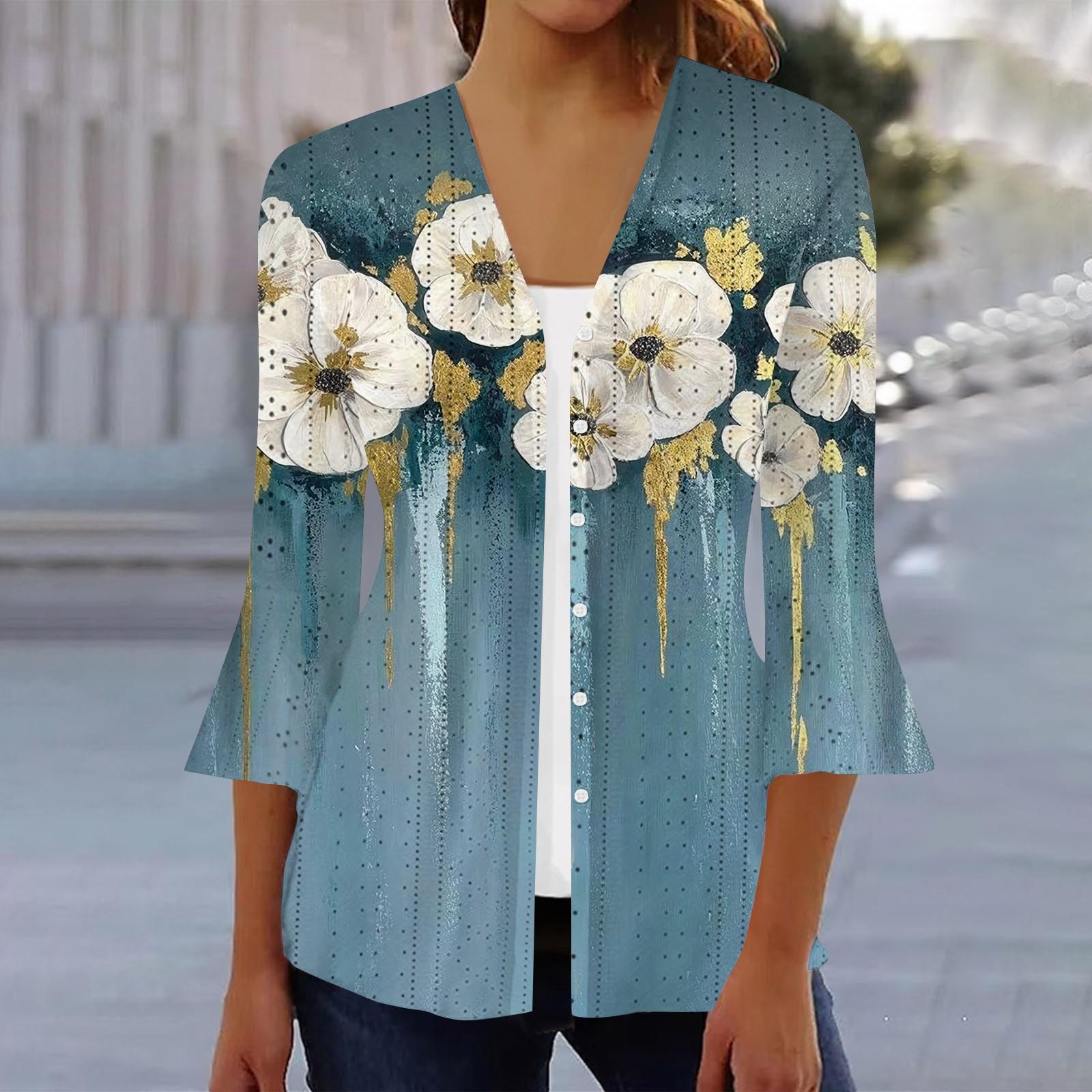 

Женская мода свободный повседневный принт с рукавом три четверти рубашка на пуговицах кардиган топ L синий