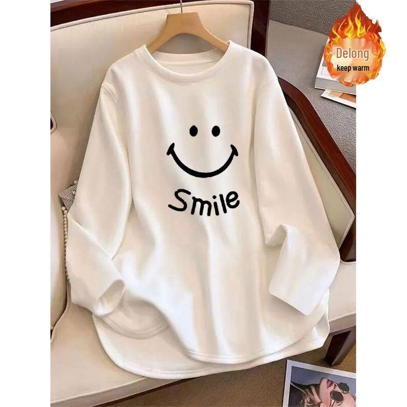 Women's Loose Plush Base Layer Mid-Length Split Long-Sleeve Tee