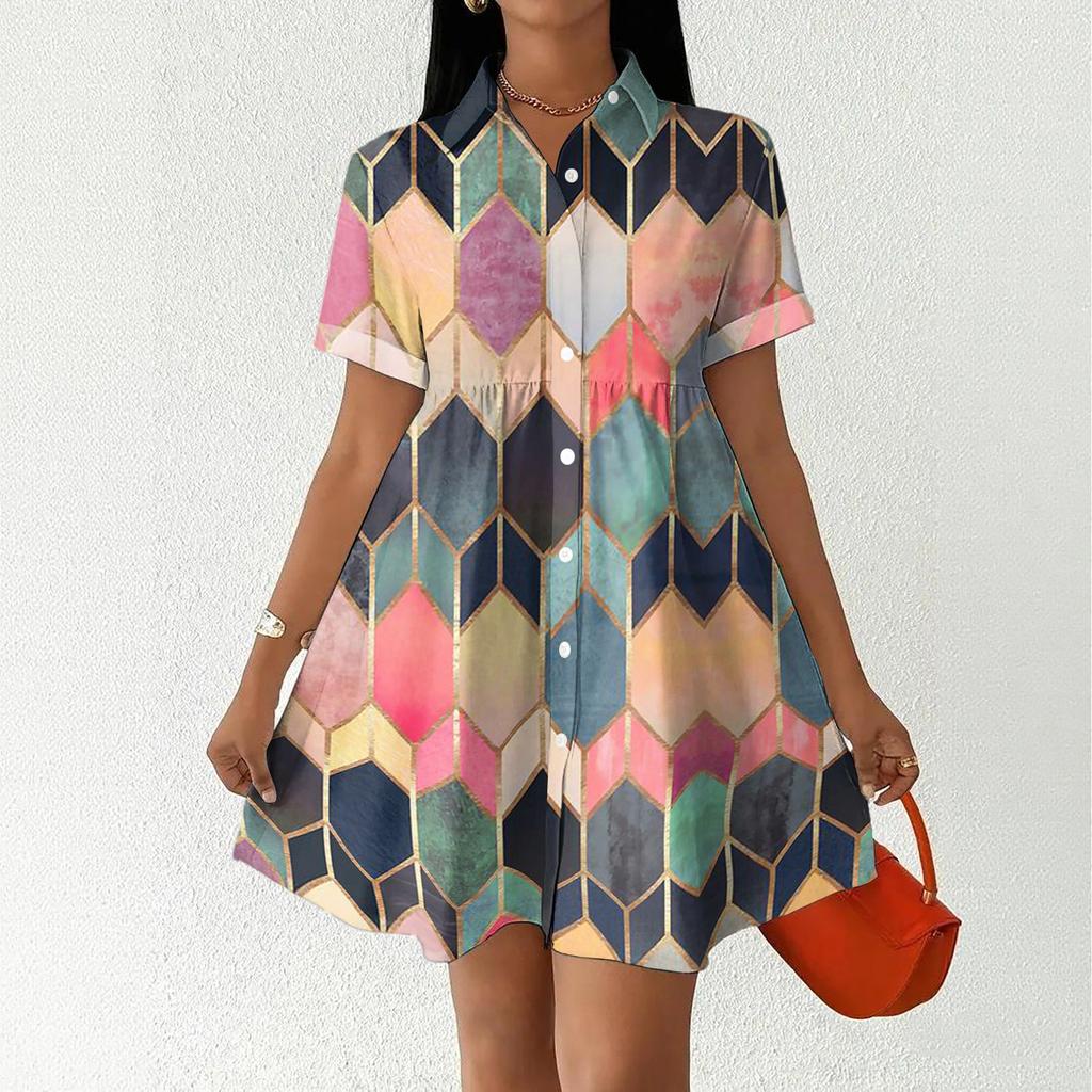 Women’s Casual Loose Fit Shirt Dress with Button Front Stand Collar Short Sleeve Polka Dot and Stripe Print Design