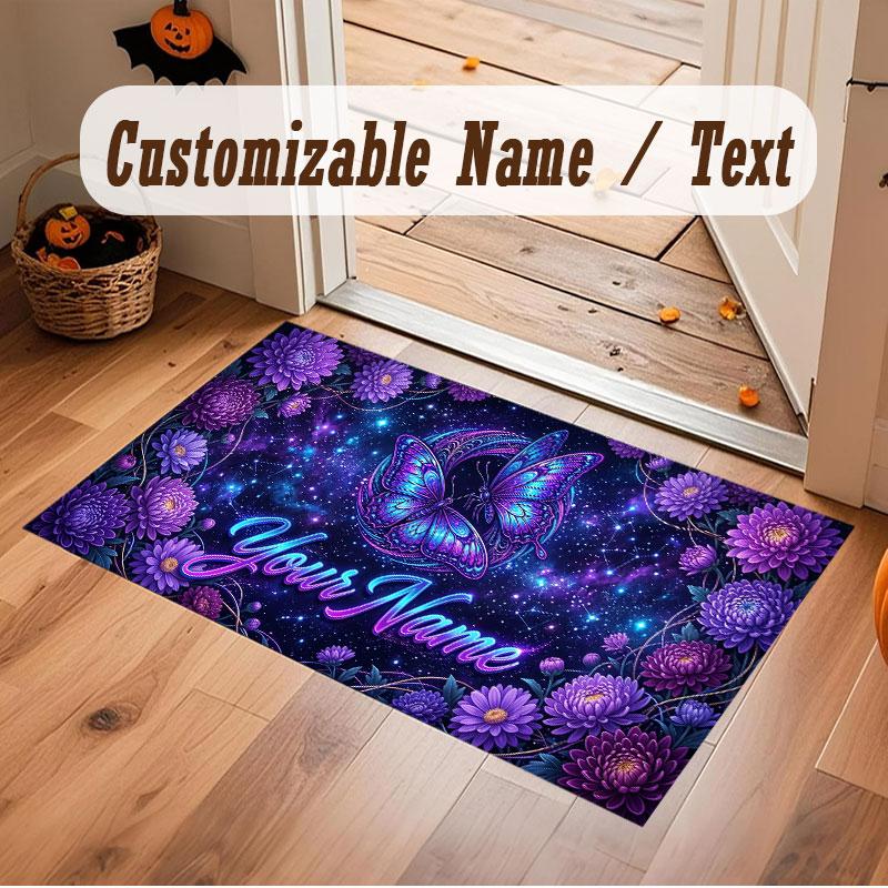 Butterfly Theme Crystal Velvet Floor Rug Personalized Custom Name Text Warm Carpet Home Decoration