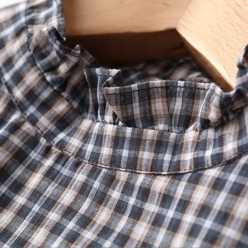 Japanese Style Artistic Loose Slimming Versatile Lattice Shirt Women's Spring and Summer Long Sleeves Ruffles Stand Collar Pullover Thin Shirt