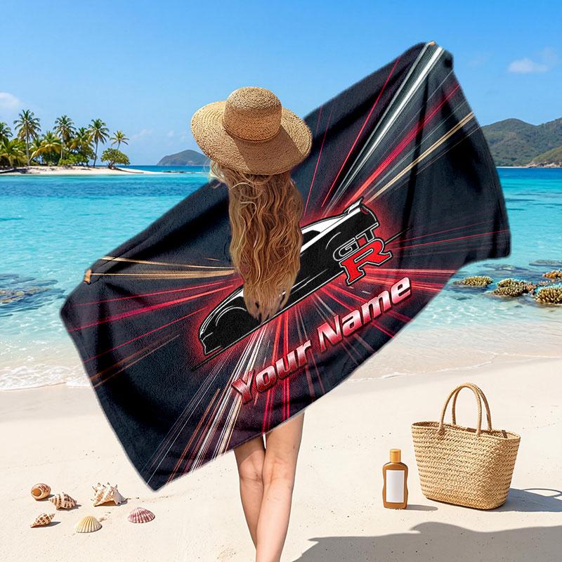Nissan GT-R Customized Name Text Beach Towel, Soft Absorbent Towel Beach Pool Travel Personal Gift