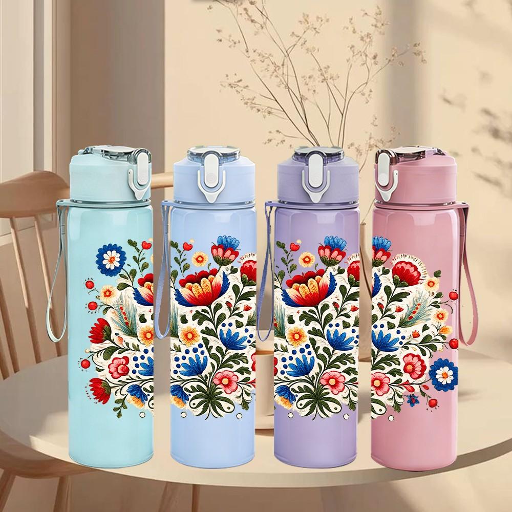 1PC Colorful Folk Floral Bouquet Print 750ml Color Plastic Sports Water Bottle Leakproof Flip Straw Lid Suitable for Sports Office Home Use