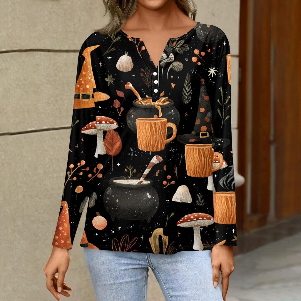 Women's Casual Long Sleeve V-Neck T-Shirt with Halloween Print and Decorative Buttons