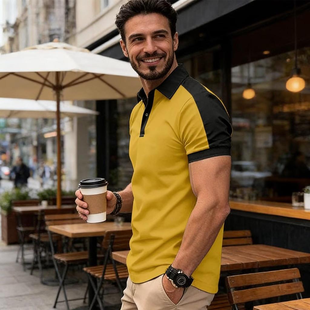 [KULIXI] Men's Short-Sleeve Collared V-Neck Polo Shirt, Plain, Casual Sportswear, Stretch, Slim Fit, Workwear, Commuting, Summer Clothes, Plus Sizes A