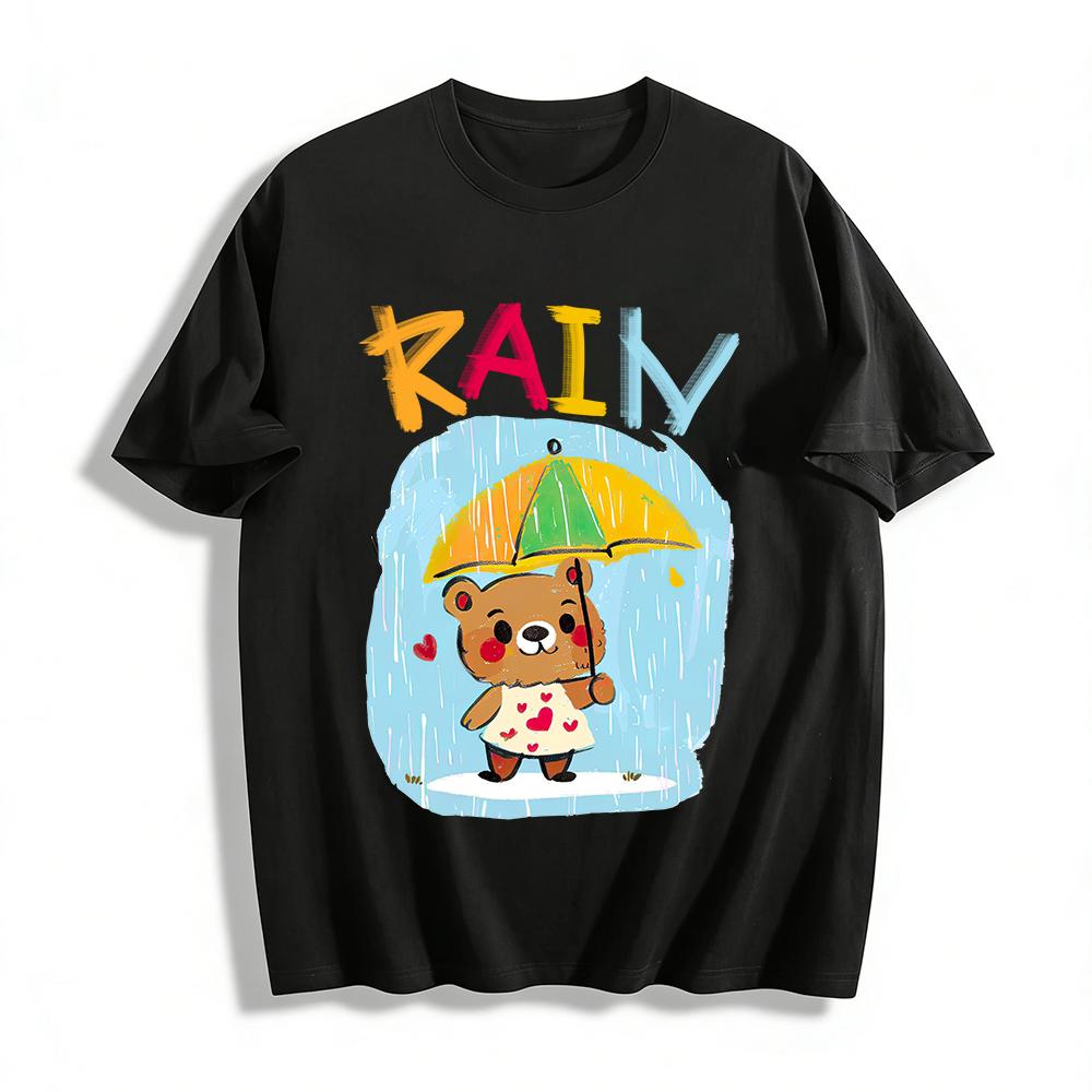 Cute Bear With Umbrella Print Kids Shirt,Adorable Rainy Day Themed Toddler Top Pure cotton T-shirt