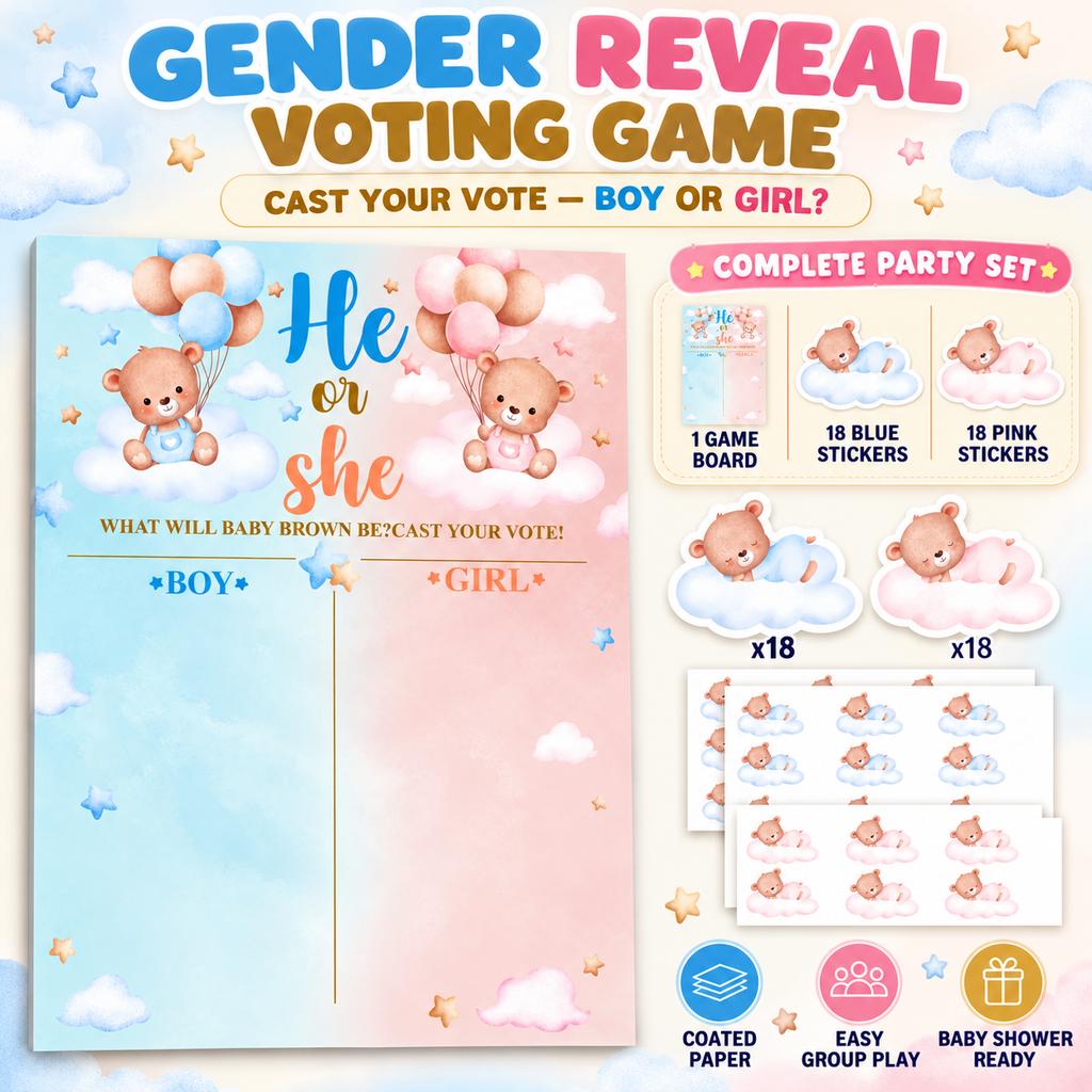 Cartoon Gender Reveal Game Board with Voting Stickers for Baby Shower