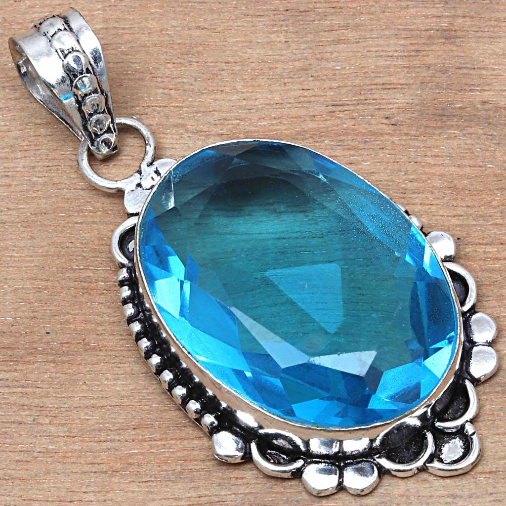 Pendant Swiss Blue Quartz Gemstone Handicraft Valentine'Day Silver Jewelry 2"