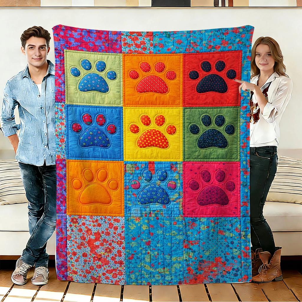 Colorful Paw Print Flannel Blanket Soft Cozy Throws Napping Travel Use