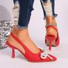 Plus Size Women Pointed Toe Pearl Bow Stiletto Buckle Back Strap High Heel Sandals