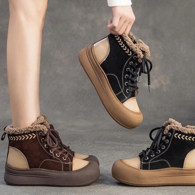 Johnature Retro Mixed Colors Plush Warm Short Boots Genuine Leather Thick Soled Women's Shoes