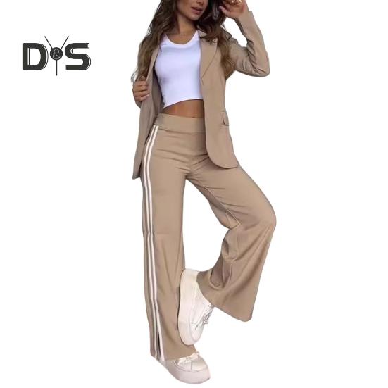 2 Pcs/Set Lady Formal Coat Pants Set Turn-down Collar Long Sleeves Jacket Loose Striped Wide Leg Trousers Casual Daily Wear Commuting Outfit