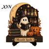 Creative Desktop Ornament Halloween Reading Ghost Figurine, Retro Wooden Statue, Vintage Magic Theme Tabletop with Stacked Book for Home Office Shelf
