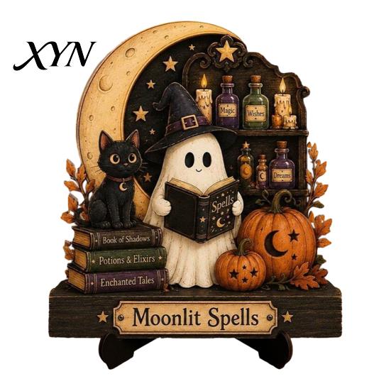 Creative Desktop Ornament Halloween Reading Ghost Figurine, Retro Wooden Statue, Vintage Magic Theme Tabletop with Stacked Book for Home Office Shelf