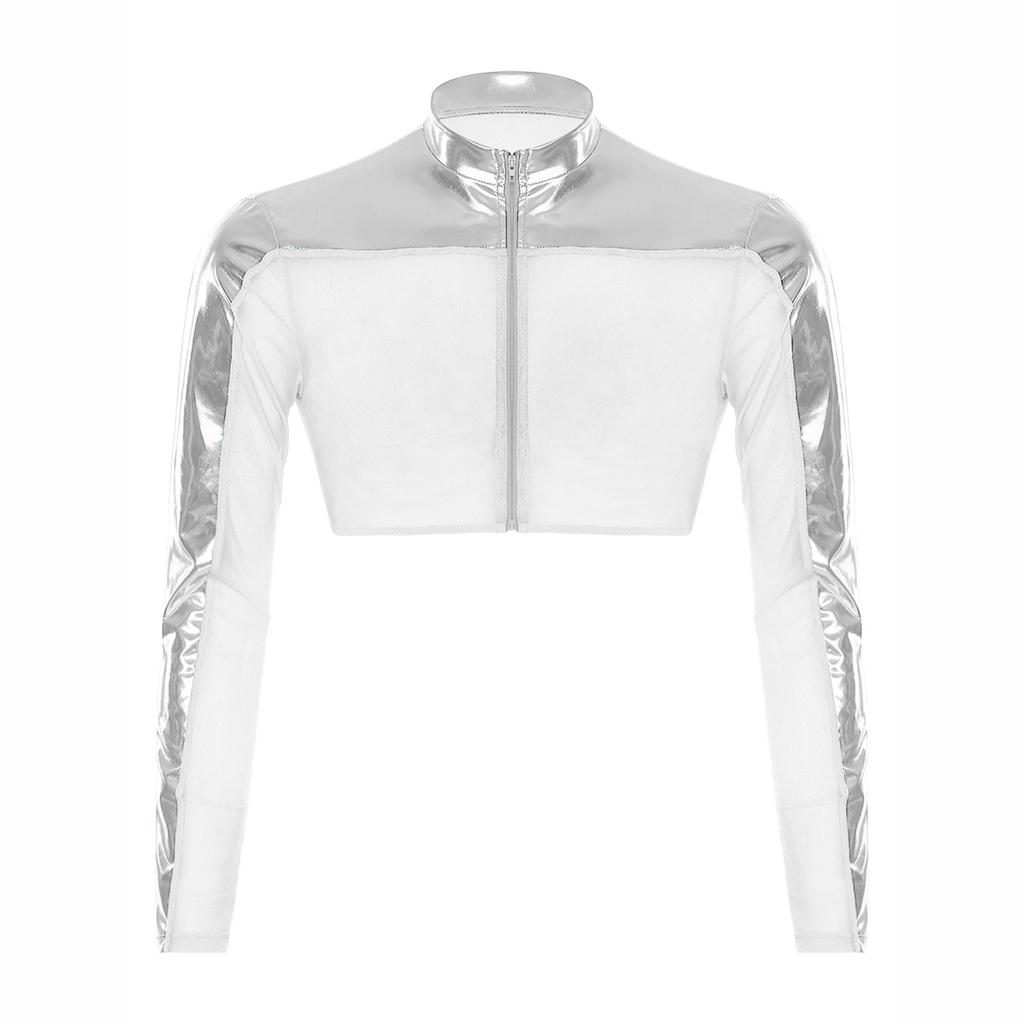 Men Mesh See Through Top Crew Neck Long Sleeve Front Zipper Half Shirt Breathable Metallic Club Top