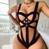 Ladies' Sexy Ribbon Spliced Backless Bodysuit Hollowed Out Bra Neck Collar And Weave Belt Intimates Women'S Exotic Underwear