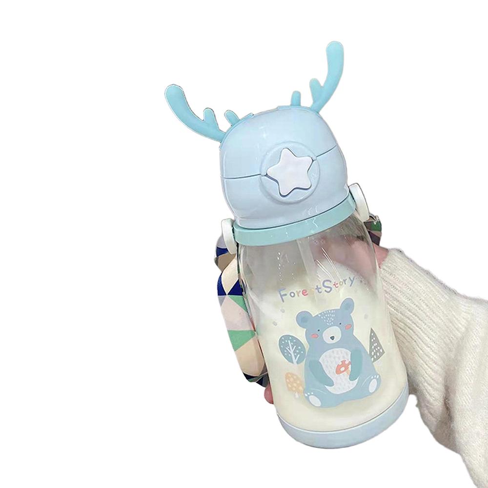 600ml Cartoon Water Bottle Children Net Red Plastic Antler Straw Water Cup Portable Polychrome Large Capacity Water Bottle Summe
