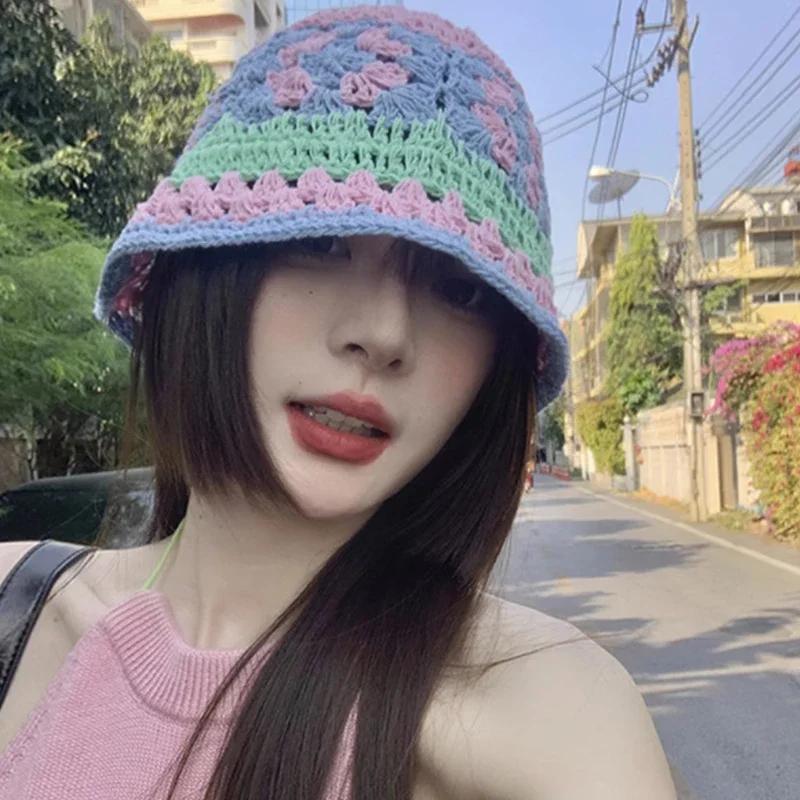 Blumen Gehäkelte Fischerhüte für Damen Handgefertigt Häkeln Hohlbeckenhut Damen Mützen Frühling Sommer Sonnenschutz Sonnenhut Gorro