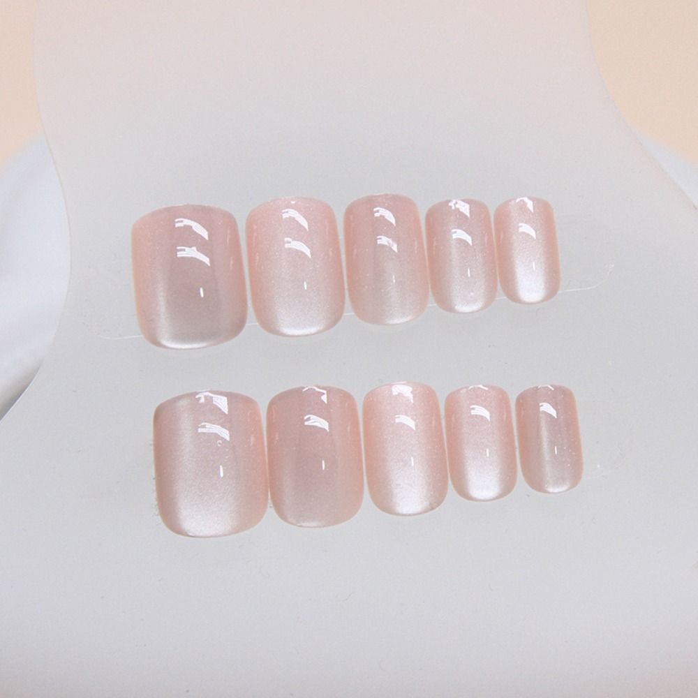 Short Round False Nails Pink Cat Eye Nail Tips Detachable Fake Nails  for DIY