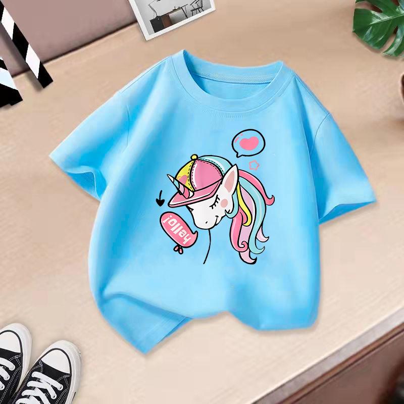 New Girls' Short Sleeved Children's T-shirt Fireworks Printed Versatile Middle and Small Children's Top Summer Fashion