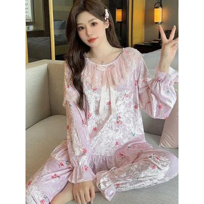 Set pigiama francese da donna a maniche lunghe con cardigan e pantaloni, due pezzi per la casa, pigiama in velluto, abbigliamento dolce per la casa, abbigliamento kawaii