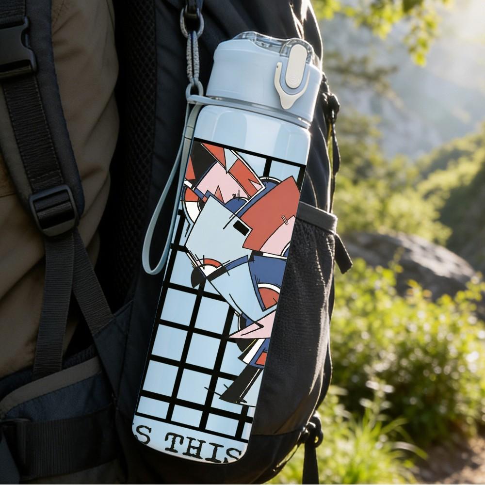 1PC Plaid Cartoon Character 750ml sports water bottle leakproof straw lid outdoor office home