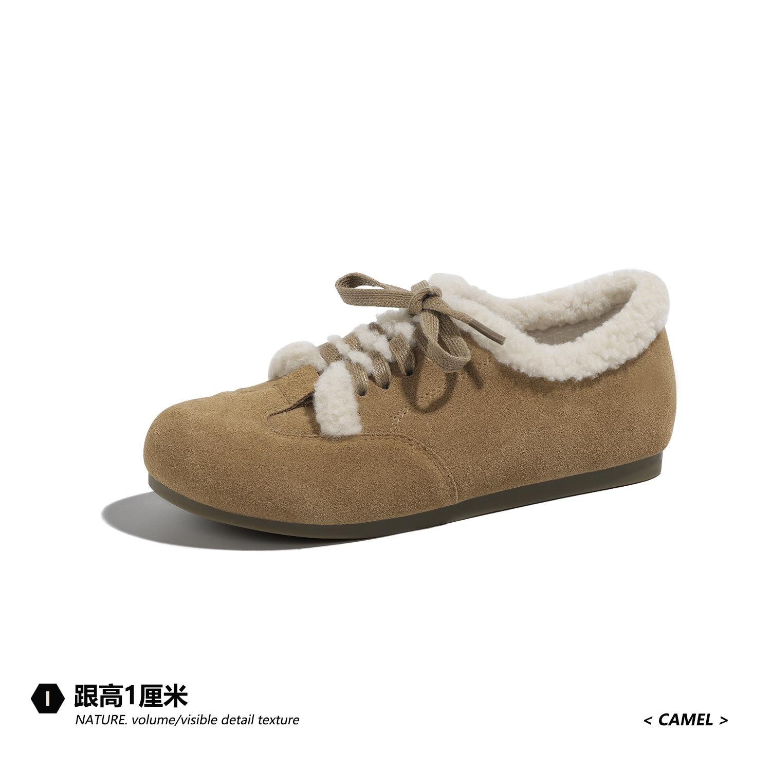 

Soft leather version~ retro cashmere loafers with soft soles, flat bottom, round head lace-up, fluffy shoes, plush warm Birkenstock cotton shoes. 40 верблюд