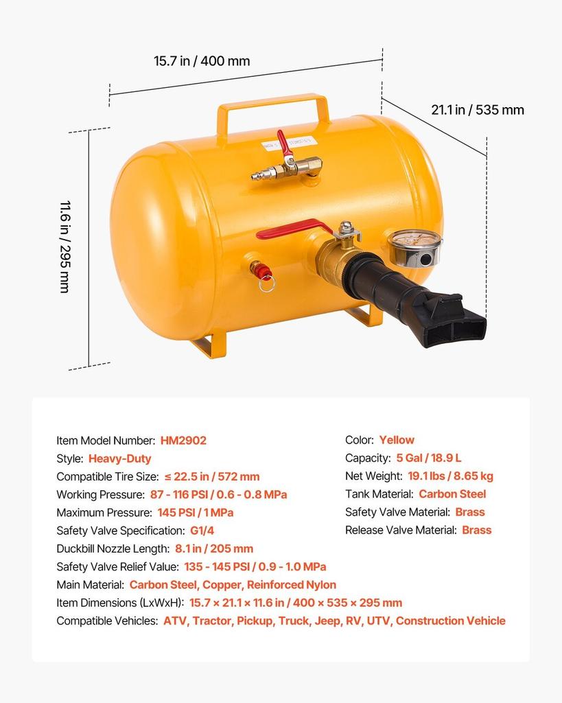 Air Tire Bead Seater, 5 Gal / 18.9 L, Heavy Duty Tire Bead Blaster Tool, 87-116 PSI Operating Pressure, Air Trigger Seating Inflator for Pickup,