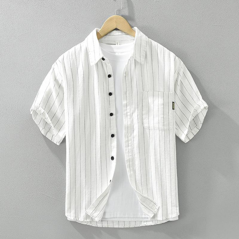 Men's Vertical Stripe Patch Pocket Short Sleeve Button Down Shirt Casual Streetwear Top