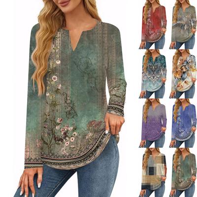 Women's T Shirt Tee Print Long Sleeve Daily Weekend Fashion Basic V Neck Regular Top
