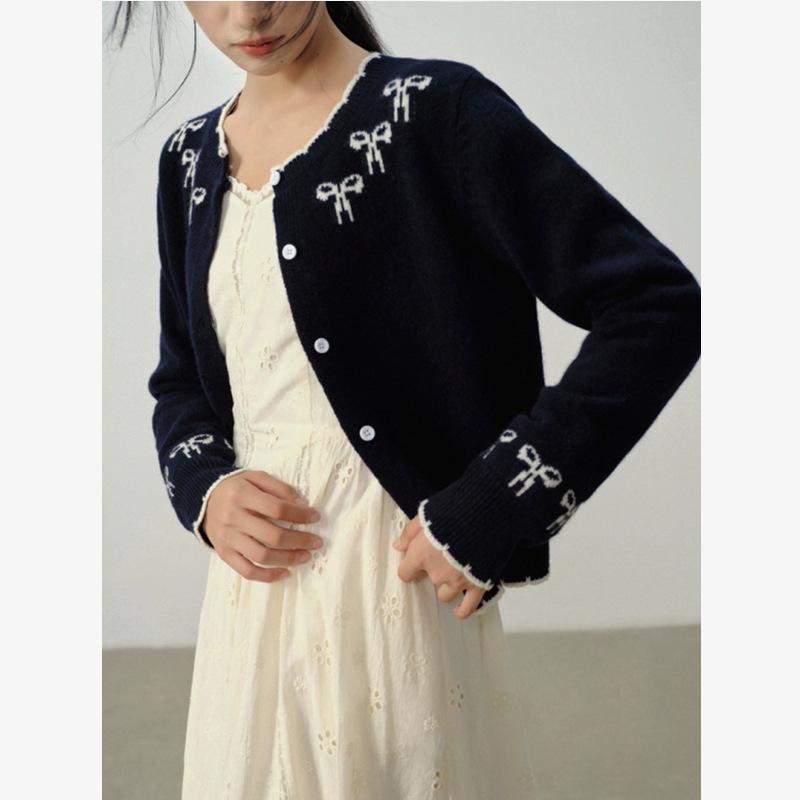 Korean Version Lazy Soft Waxy Contrasting Color Bow Warm Sweater Cardigan Women's Autumn New Thin Outer Top