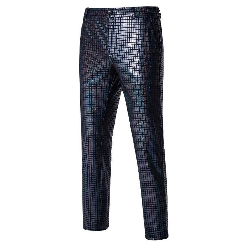 Men's Red Metallic Grid Dress Pants Shiny Straight Leg Trousers for Party & Stage