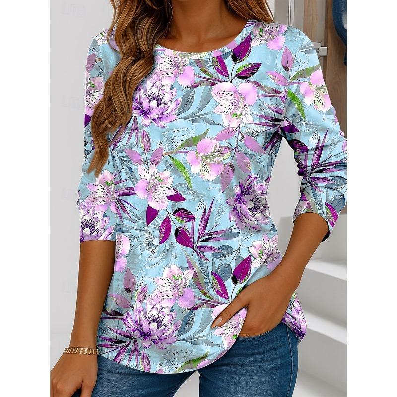 Spring and Autumn Women's T Shirt Floral Graphic Plants Stylish Casual Long Sleeve T-shirts Round Neck Regular Tops Flower Printed Pullover