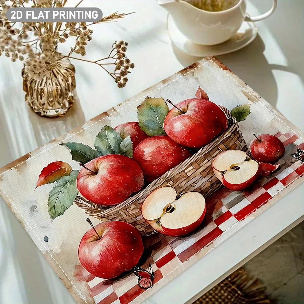 4/6pcs, Red Apple And Wicker Basket Placemats, Red Plaid Background Design, Suitable for Daily Table Decoration, Kitchen Countertop Decoration, Restau