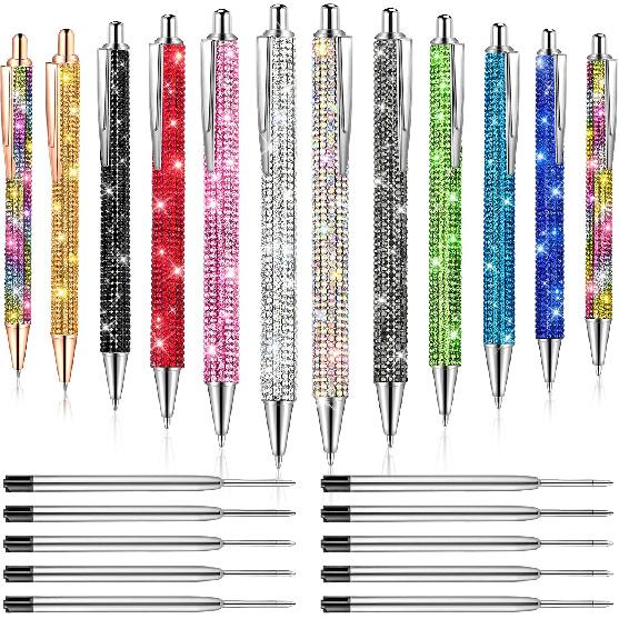 12Pcs Rhinestone Pens Bling Metal Ballpoint Diamond Pens Bulk Fancy Sparkly Crystal Press Retractable Black Ink 0.7mm For Women Office Meeting