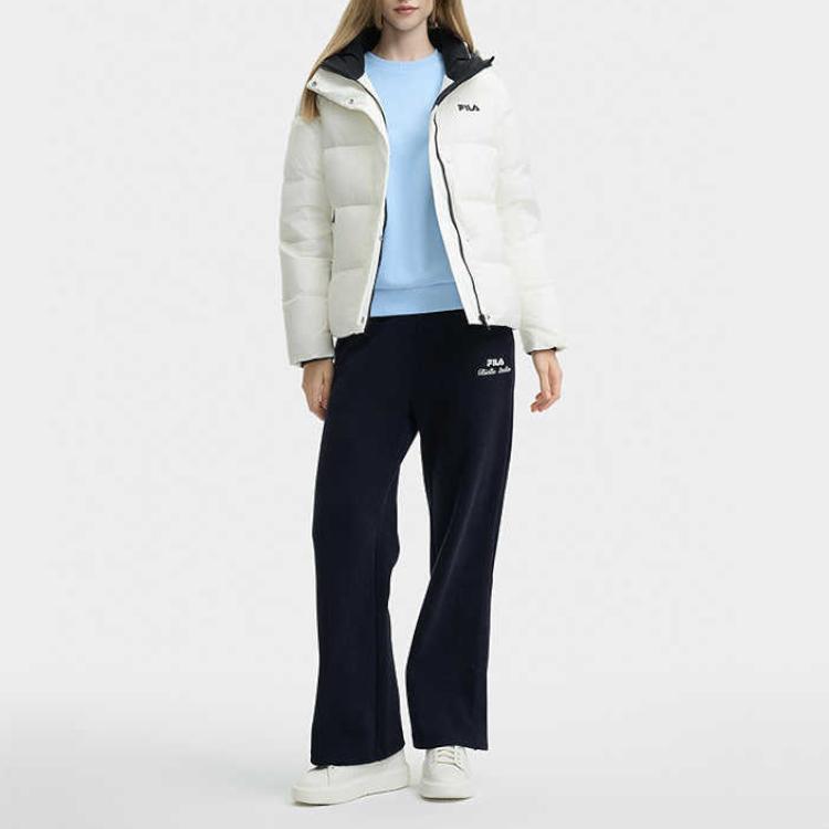 Fila Heritage Warm Versatile Solid Color Logo Hooded Long Sleeve Down Jacket Women Outerwear Cloud-Mushroom-White F11W448901FWT