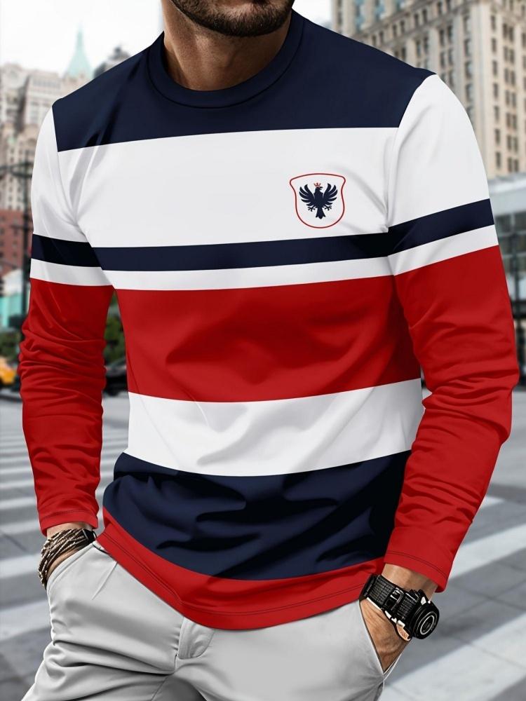 Herren Crew-Neck Langarm-T-Shirt, Gestreiftes Adler-Emblem-Print, Atmungsaktives Lässiges Oberteil
