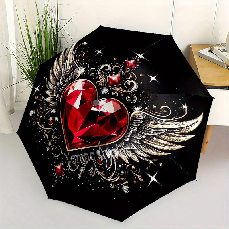 1pc Heart with Wings and Ruby Diamond Umbrella with Plastic Handle,Suitable for All Seasons Home Travel Outdoor UmbrellaB1798