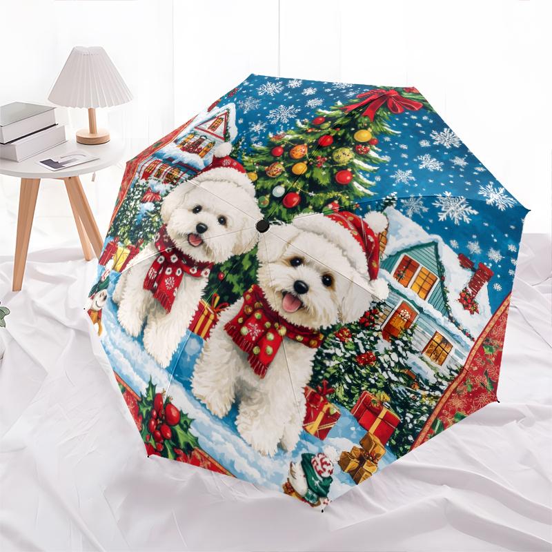 Two Bichon Pattern, Automatic Folding Umbrella, Portable and Foldable Design, 8 Ribs, a Christmas or Birthday Gift.