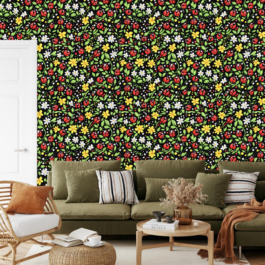 Ladybugs Wallpaper Olive and Yellow for Living Room and Bedroom 50x1000
