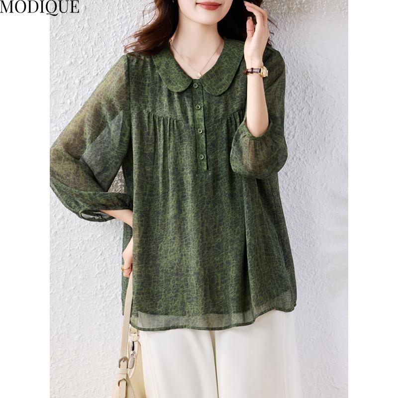

MODIQUE Весна Лето Большой Размер Новая Женская Свободная Винтажная Блузка в Горошек Пуговицы Рубашки Женская Повседневная Оверсайз Длинный Рукав Воротник Куколка Топ 5XL зелёный
