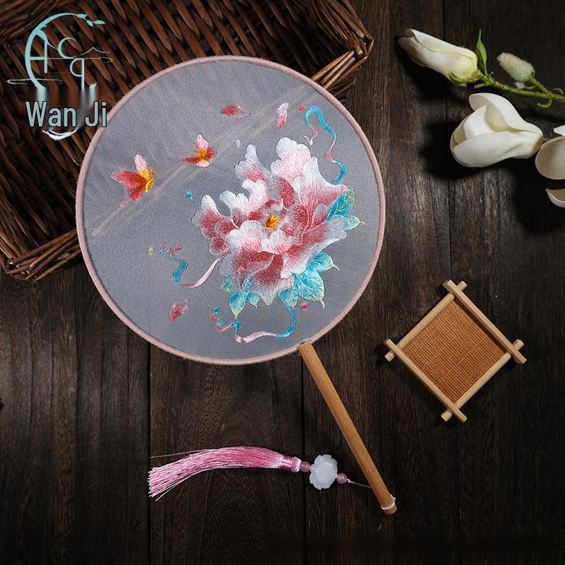 Zweiseitig bestickter runder Fächer im antiken Stil, Hanfu Su-Stickerei, vielseitiger Tanzfächer, chinesischer Stil