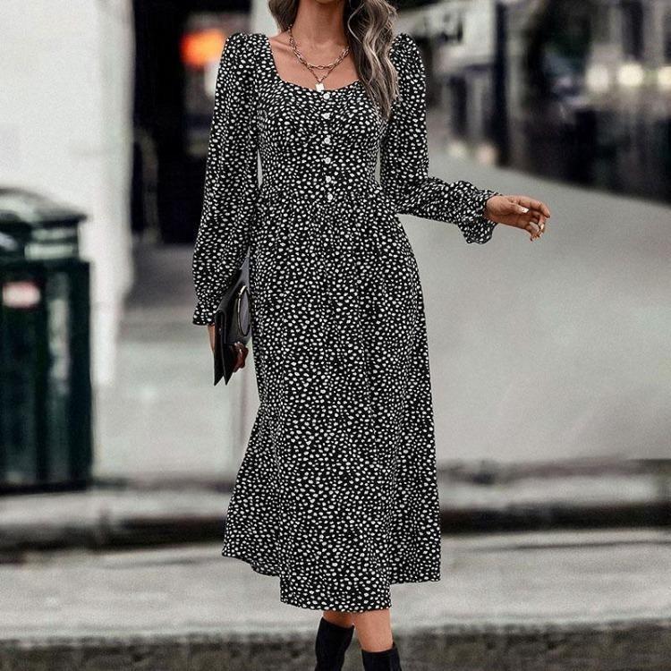

Summer Butterfly Sleeve Cotton Print Dress Women Casual Turn Down Collar A-Line Mid Calf Length XS чёрный